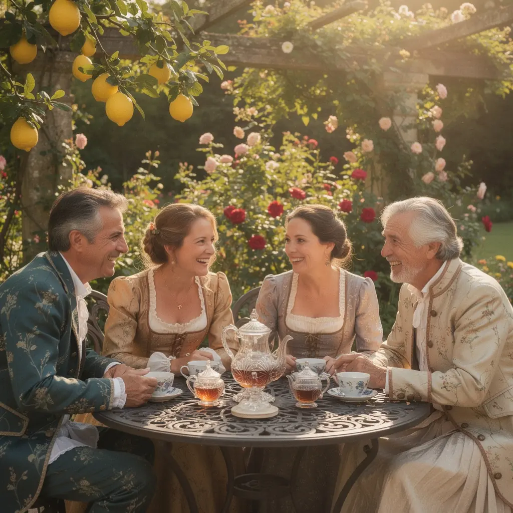 Italų sodo peizažas su žydinčiomis gėlėmis ir žalumynais.