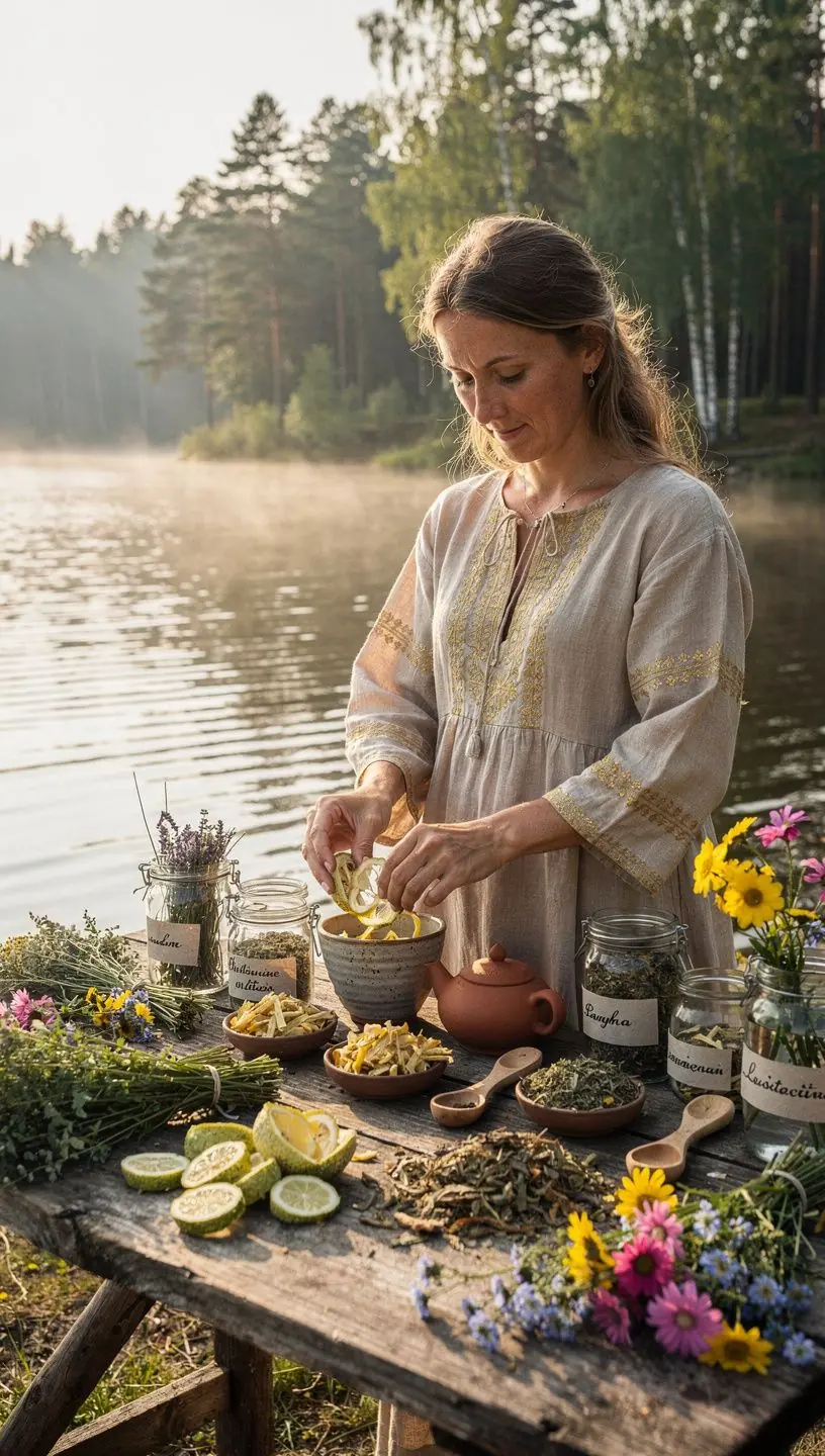 Florentiniškas citrinų arbatos puodelis su žolelėmis ir citrina.