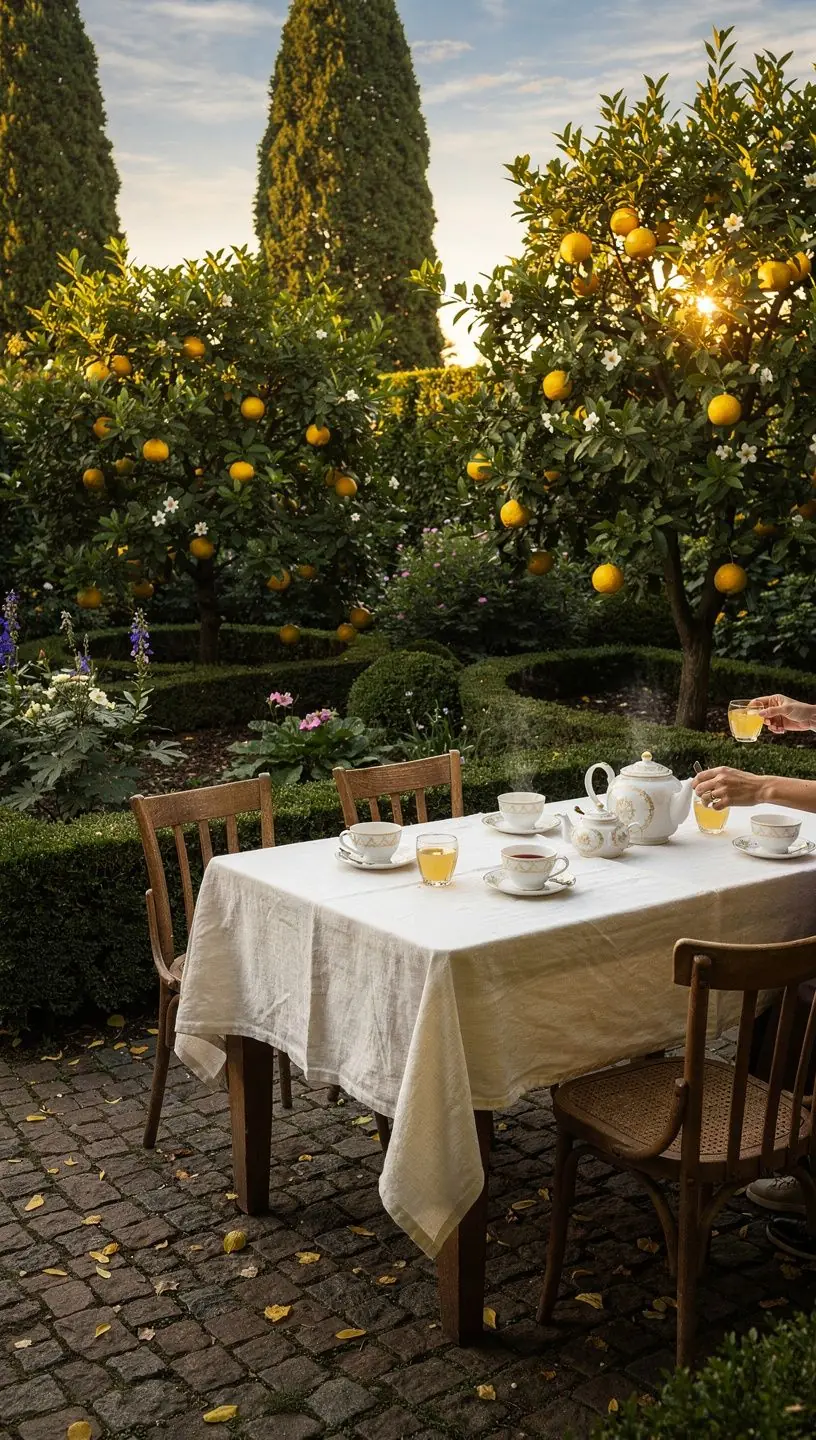 Florentiniškas citrininis arbatos gėrimas su gražiu itališku sodu fone