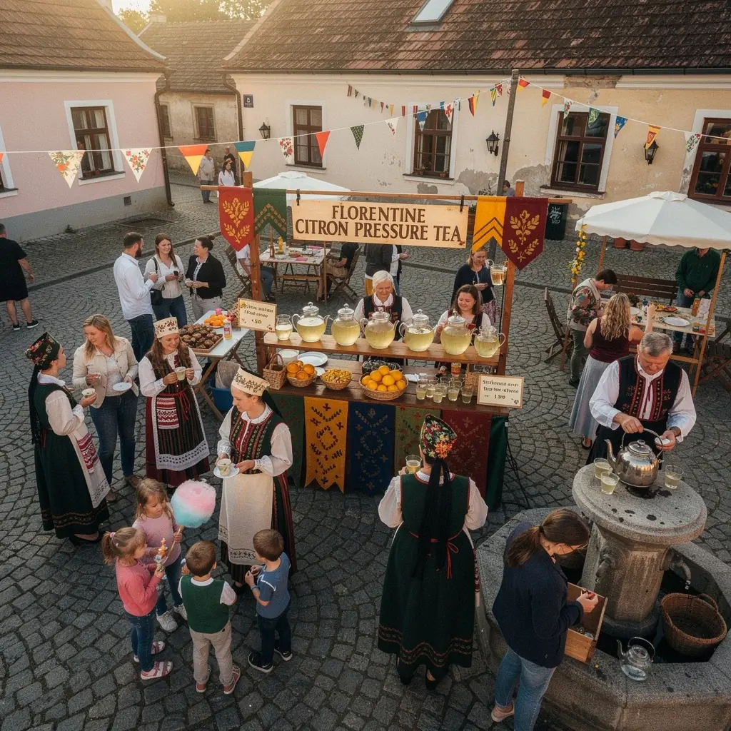 Renesanso stiliaus arbatos ceremonija su elegantiškais indais ir aromatingomis žolelėmis.