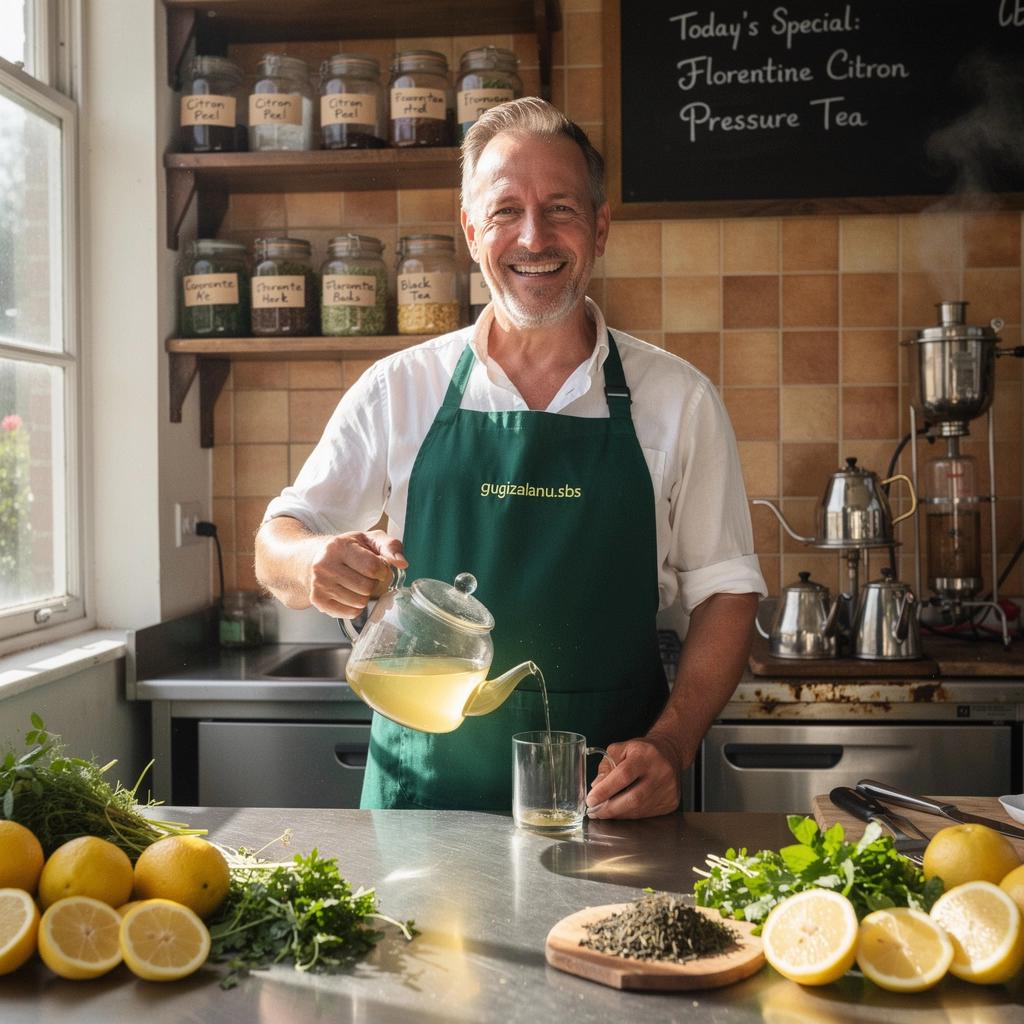 Vaizdas į itališką sodą su puikiu citrininio arbatos puodeliu