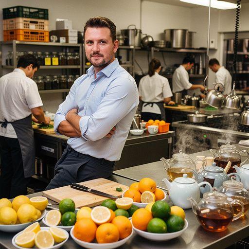 Didelis arbatos puodelis su citrinų skiltelėmis ir žolelėmis